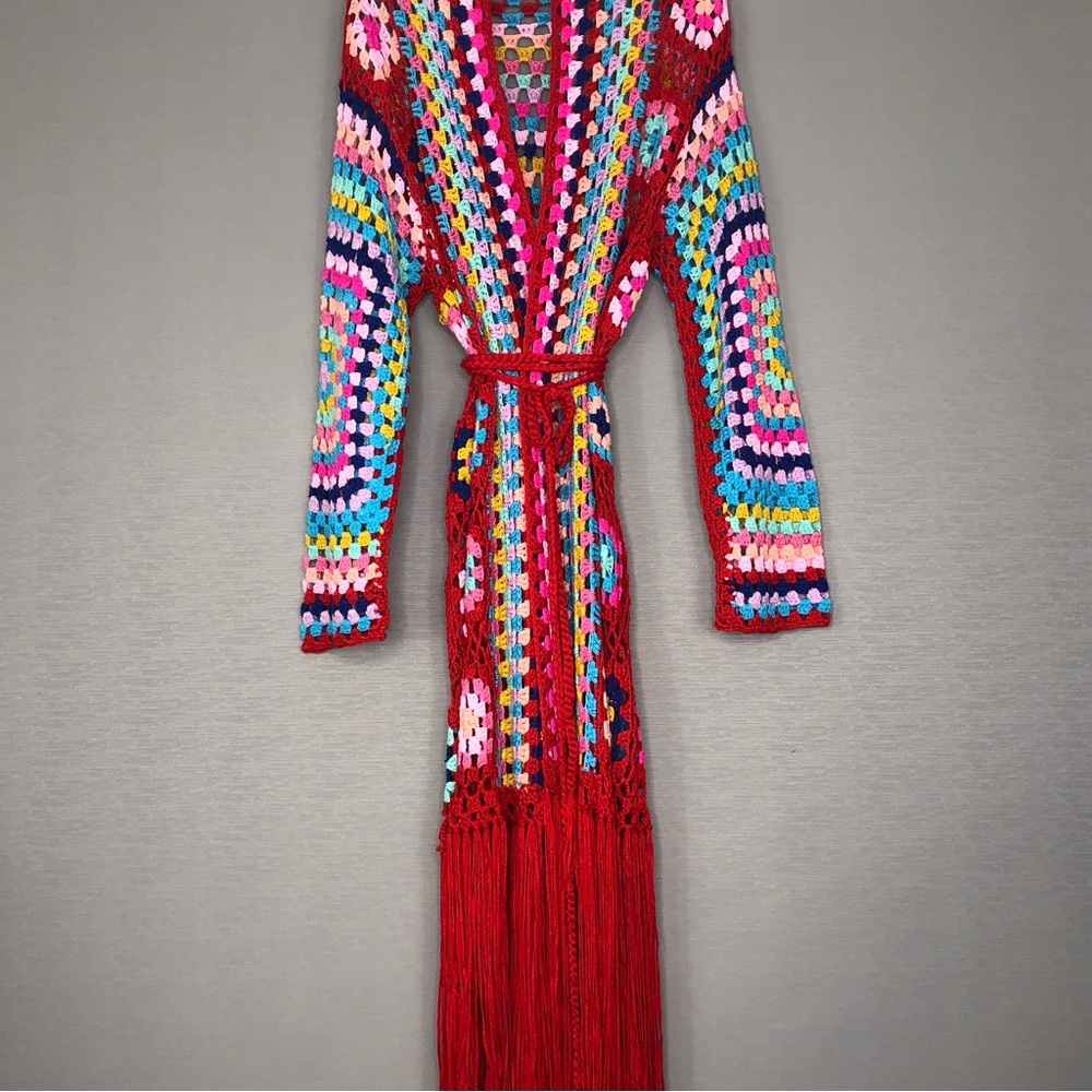 Handmade Crocheted Fringed Coat of Many Colors. SZ M-L
